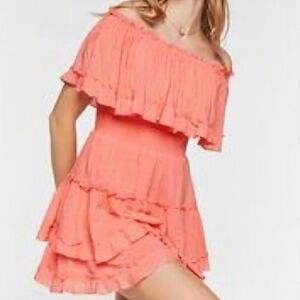 F21 - MD Peach Tiered Off-the-Shoulder Mini Dress